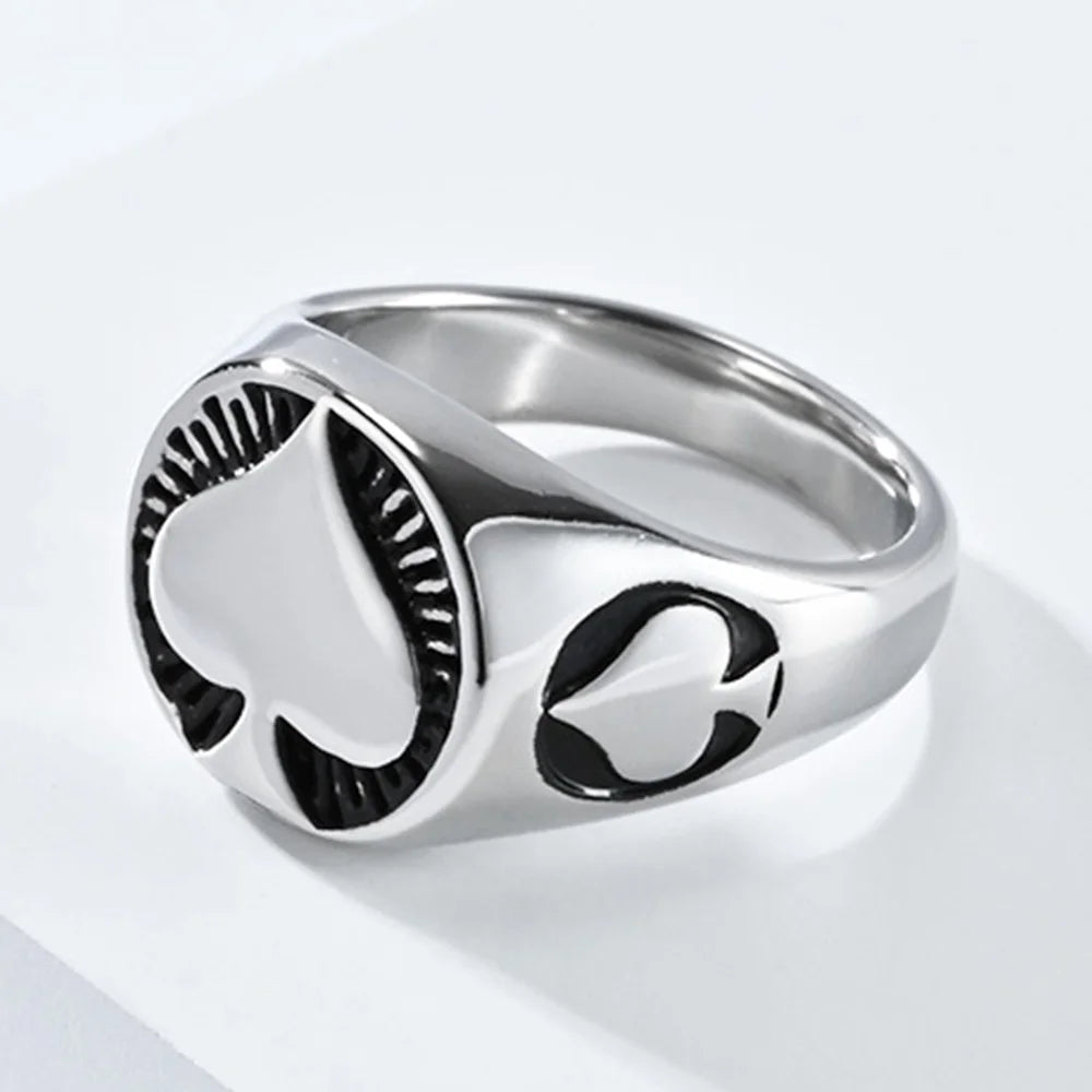 Vintage Men's Titanium Steel Ring Round Spades Poker Ace Of Spades Stainless Steel Ring