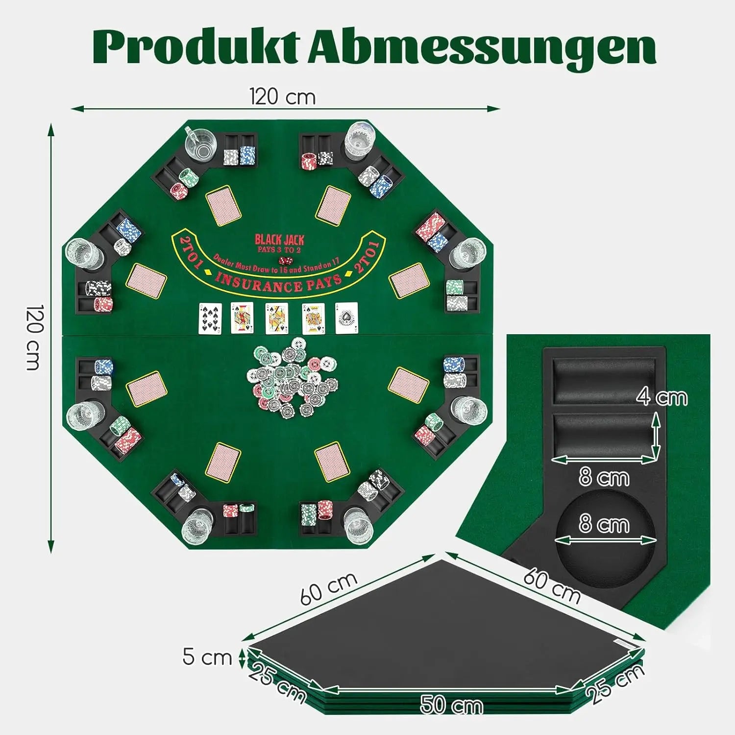 Poker Mat, Texas Holdem, Foldable Poker Table Cover pour 8 Players avec Cup Holders, Poker Rug avec Carry Bag, Green