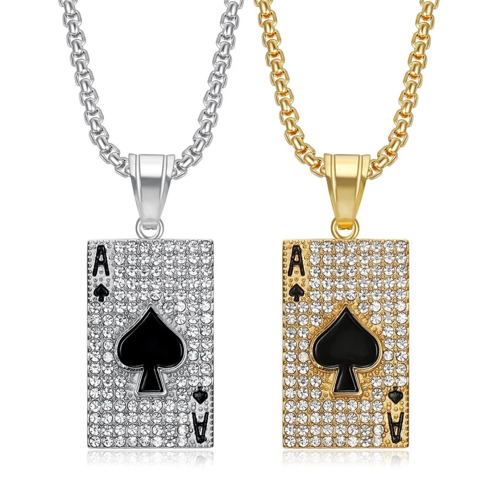 Punk Poker Playing Card Pendant Gold Silver Color Stainless Steel Zirconia Rapper Necklace for Women Men Spade A Lucky Jewelry