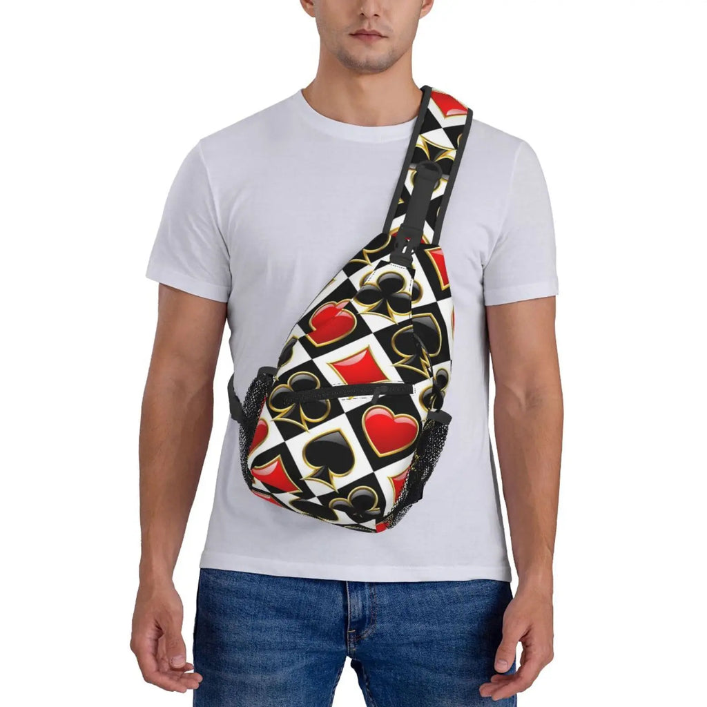 Golden Alice in Wonderland Poker Red Black Print Sling Chest Crossbody Bag Men Casual Shoulder Backpack for Travel Cycling