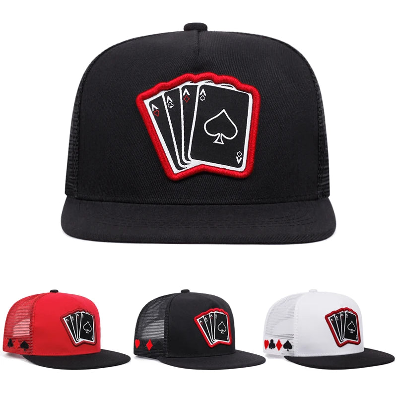 Poker Card A Four Embroidered Fashionable Men's Flat brimmed Hat Baseball Hat Hip Hop Hat Women's Casual Decorative Sunshade Hat