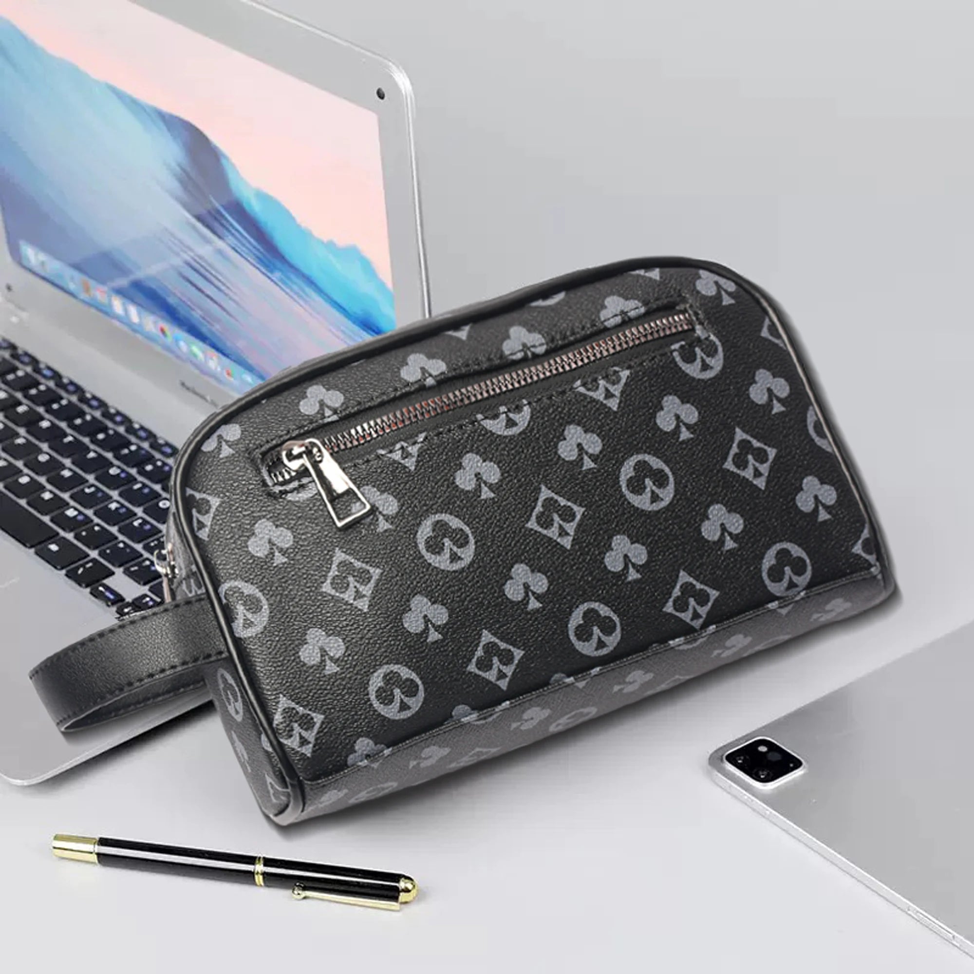 Homme'S Stylish Noir Synthetic Pochette Sac avec Card Slots - Perfect pour Keys, Phone, Tablet, et Cards