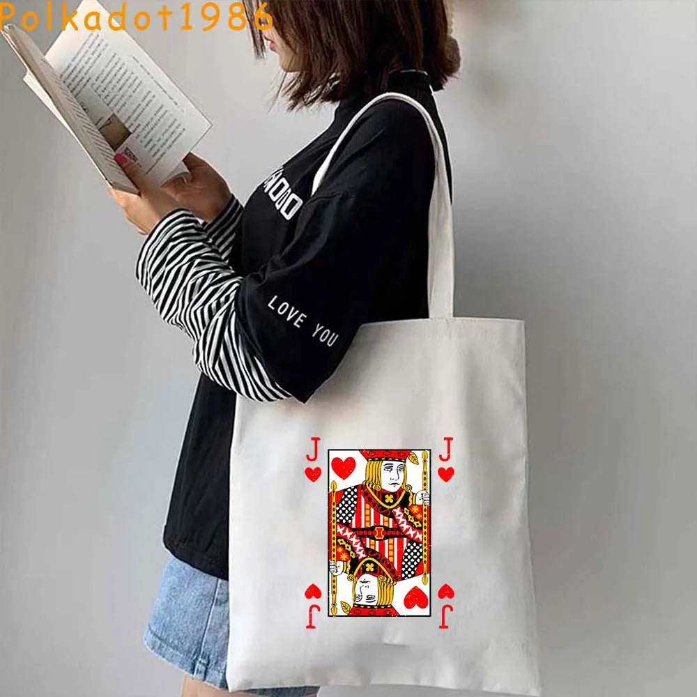 Funny Poker Cartes à Jouer Cute King Queen Jack of Cœur Crowned Toile Tote Sac Pouch Shopper Shoulder Shopping Cotton Sac à Mains