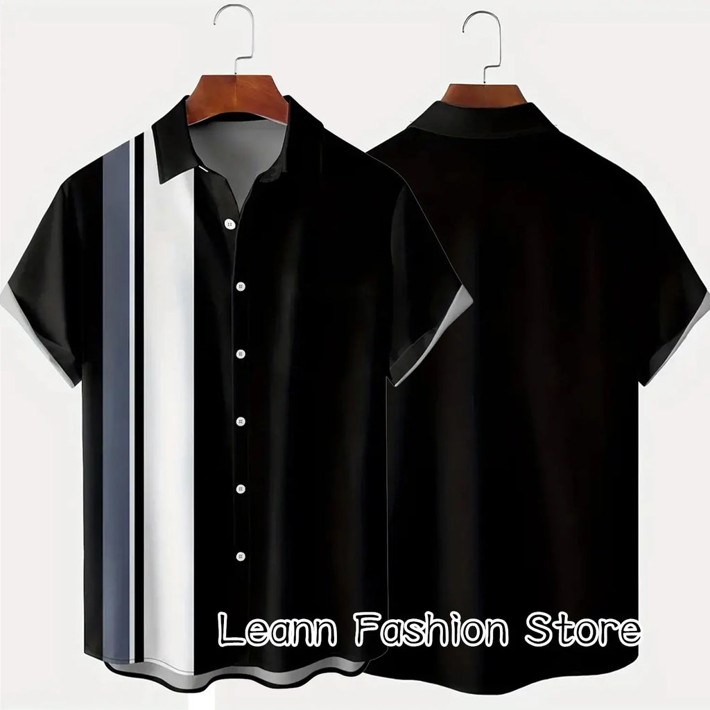 Men Summer Poker Symbol Stripe Print Shirt Casual Beach Short Sleeve Clothing Male Button Lapel Collar Shirt Fashion Leisurewear