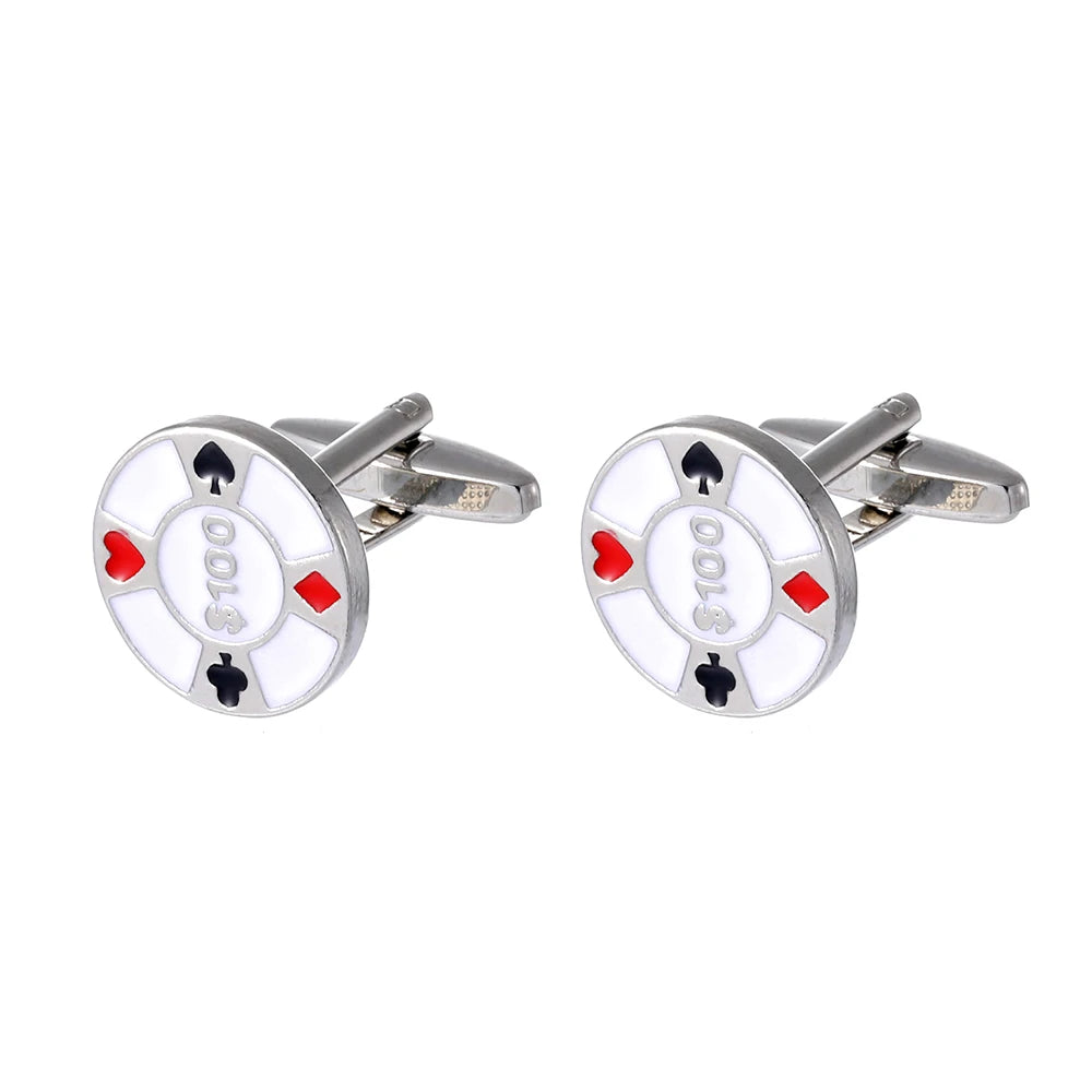 Classic Poker Spade Heart Diamond Club Design Mens Cufflinks Playing Card Chip Pattern Sleeve Button