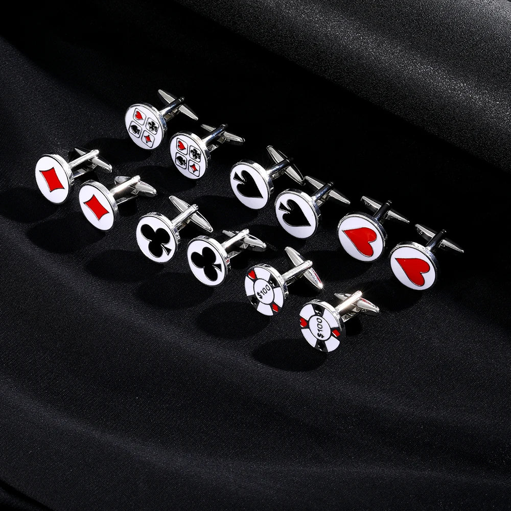 Classic Poker Spade Heart Diamond Club Design Mens Cufflinks Playing Card Chip Pattern Sleeve Button