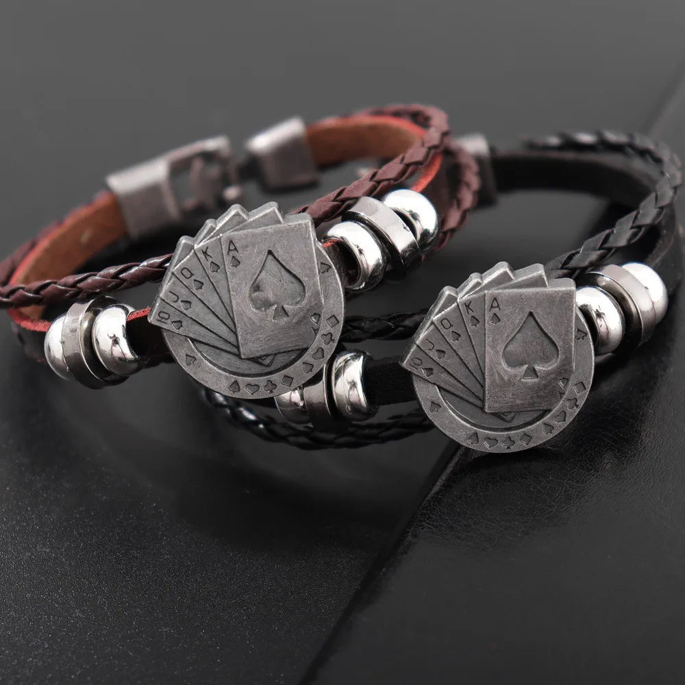 Poker Black K Alloy Bead Multilayer Handmade Wove Leather Bracelet Vintage Men Casual Fashion Hand Chian Jewelry Accessory Gift