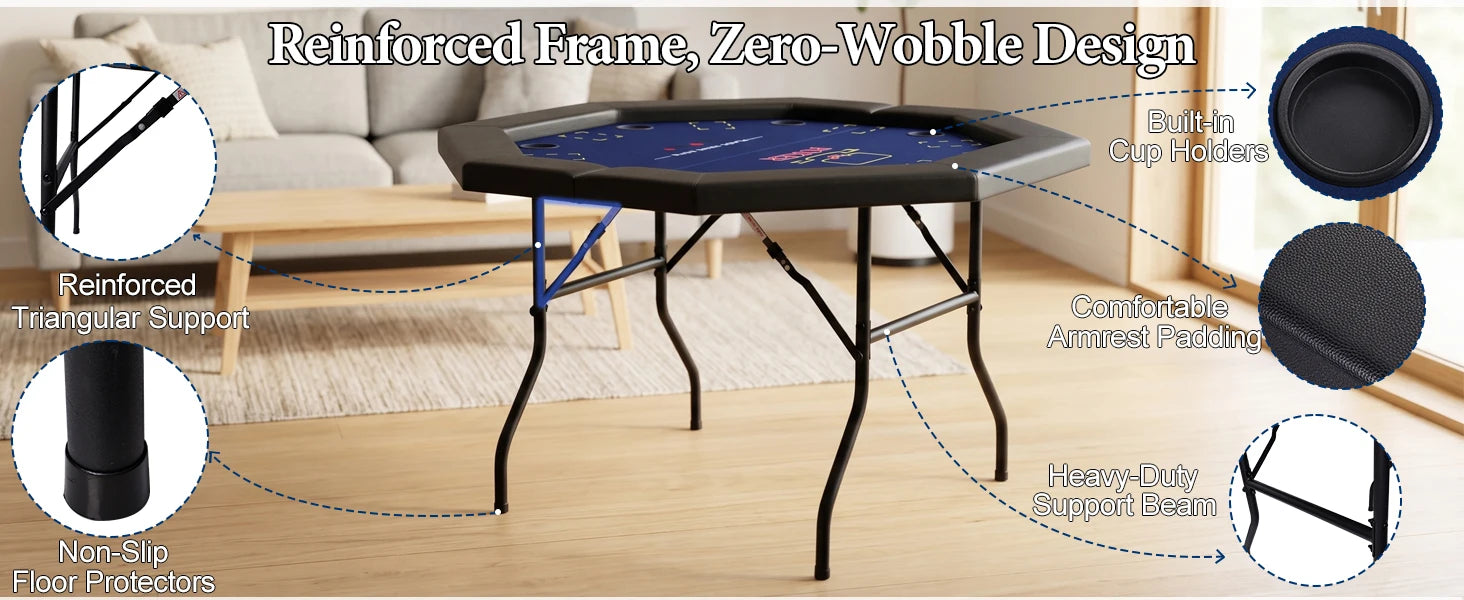 HLC 122 cm octagonal poker table, accommodating 8 people, ideal for the home games room