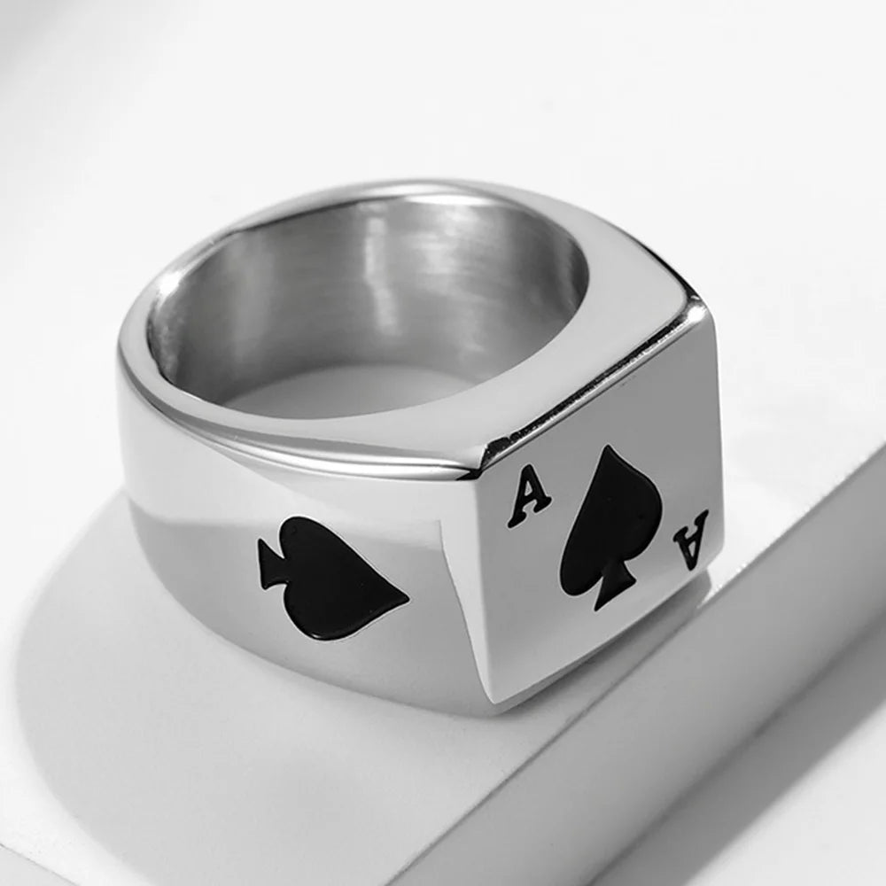 Poker Ring Men Spade Rings Stainless Steel Jewelry Lucky Ring with Black Ace of Spades Poker Card