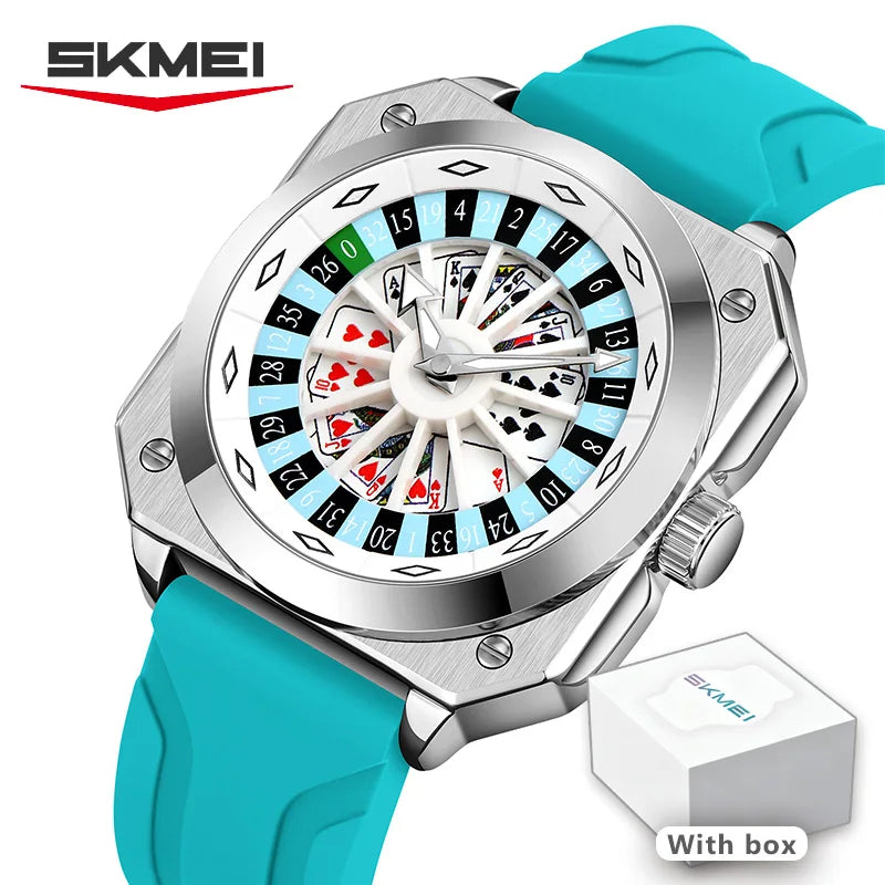 SKMEI Men's Unique Square Watch Casino Style Roulette & Poker Dial Black Silicone Strap Quartz Movement 30M Water Resistant 9379
