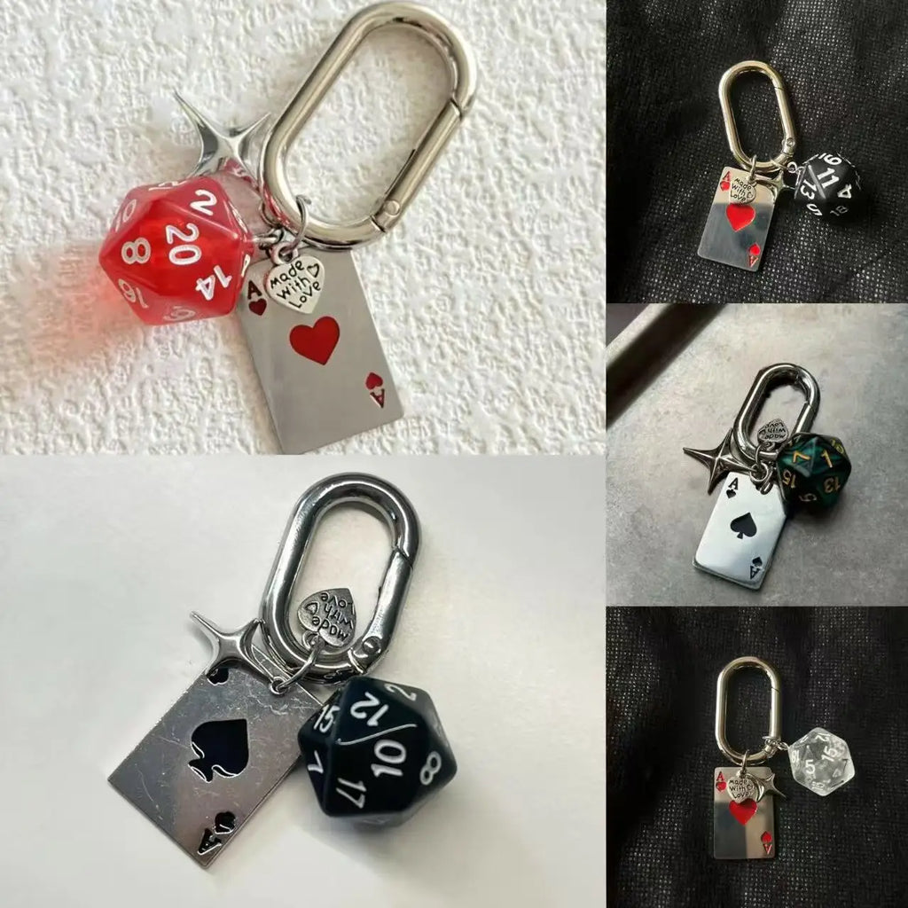 Retro Game Themed Poker & Dice Carabiner Keychain Silver Tone Metal with Ace Card Pendant And Colorful D20 Dice Detail Durable