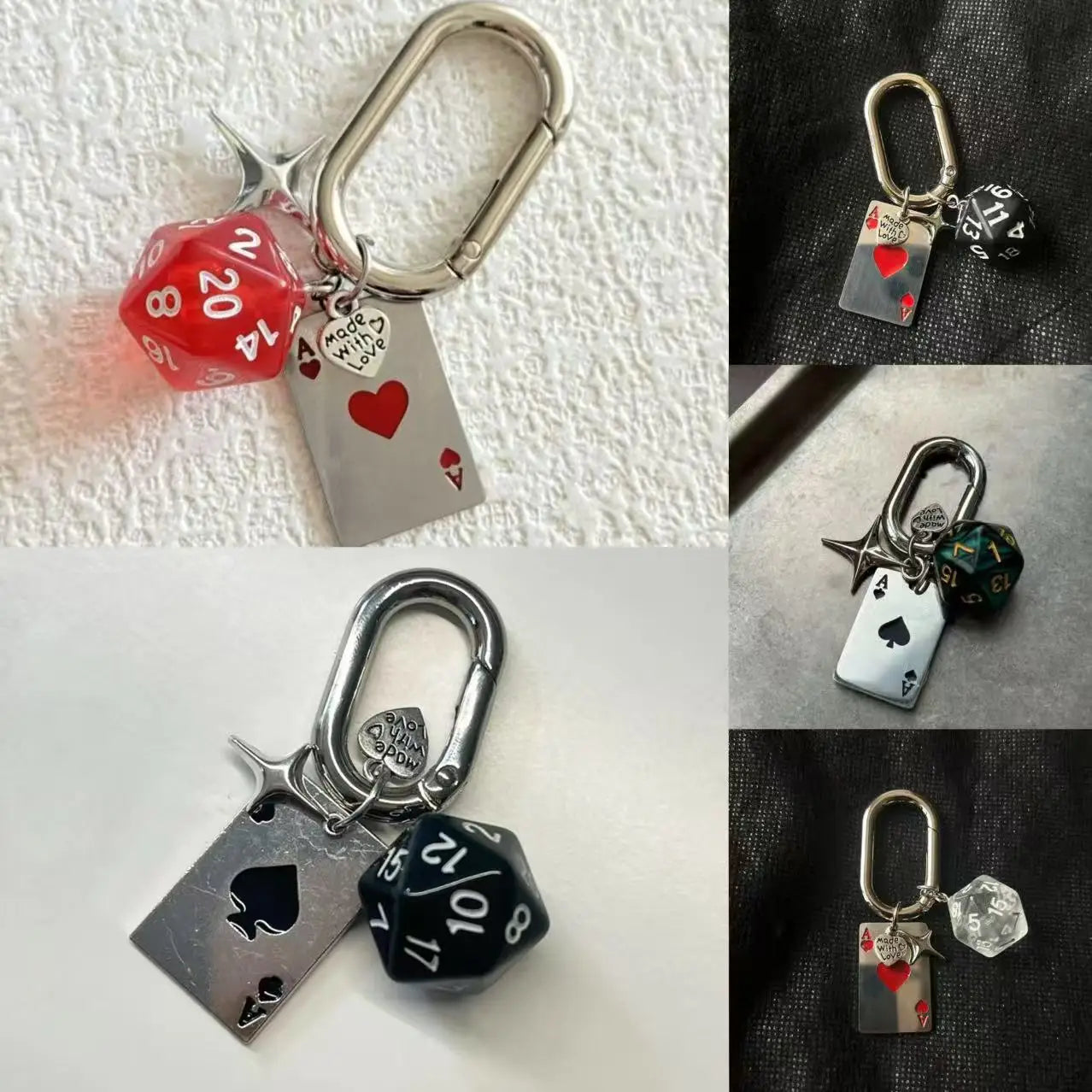 Retro Game Themed Poker & Dice Carabiner Keychain Silver Tone Metal with Ace Card Pendant And Colorful D20 Dice Detail Durable