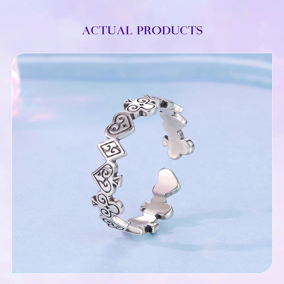 WOSTU Vintage 925 Sterling Silver Poker Card Open bague For Women, Antique Adjustable Stacking Party Rings Fine Gift