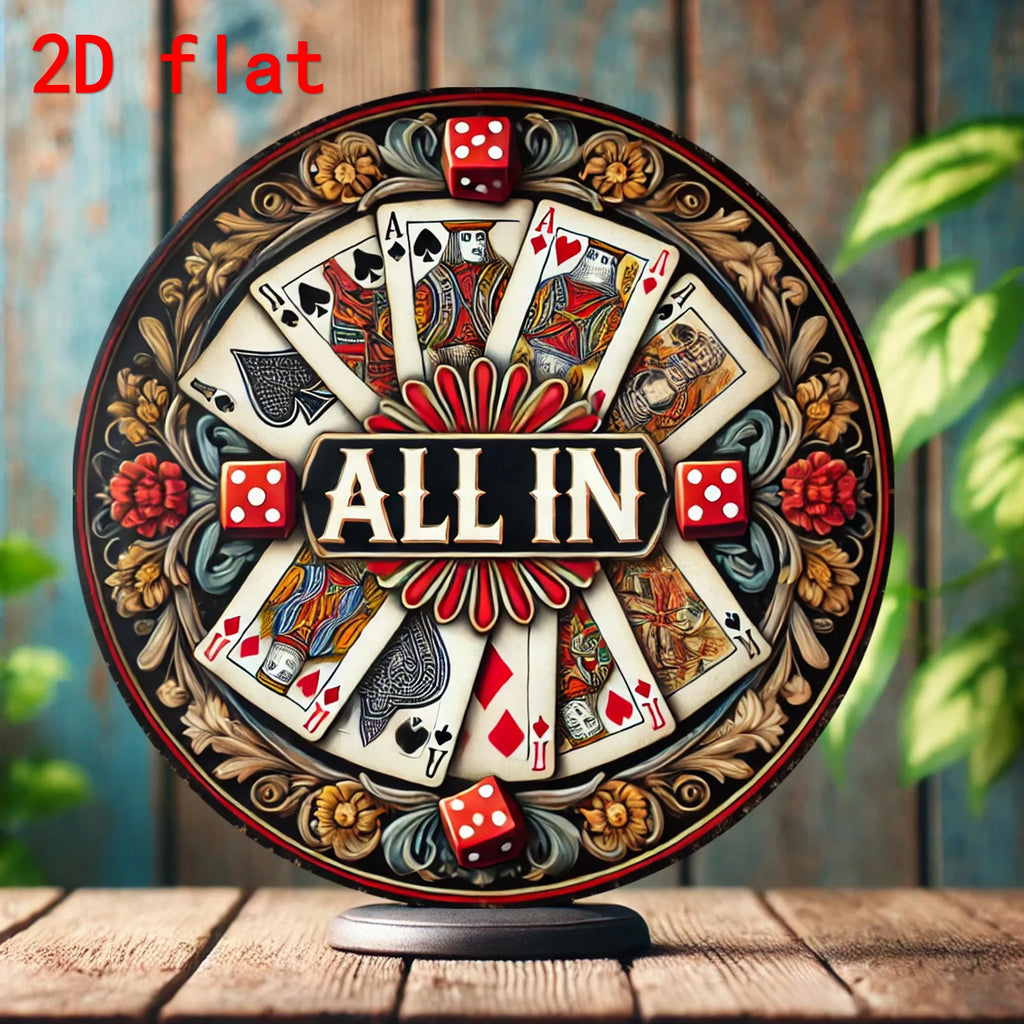 [2D Flat] 8" Round Aluminium Panneau avec "All In" Guirlande Design - Vibrant Poker & Dice Theme, Perfect pour Home, Bar, Cafe,