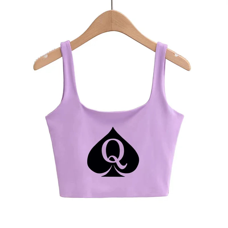 Queen of Spades Crop Tops Cute Slim Top Camis Sleeveless Hot Clothing for Women Double Ladies Good Quality Female Tops White Top