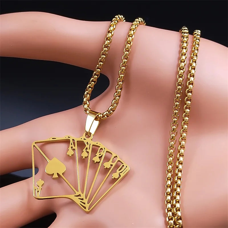Lucky Ace of Spades Poker 10 J Q K A Necklace Stainless Steel Card Casino Fortune Playing Cards Necklace Jewelry collier6106