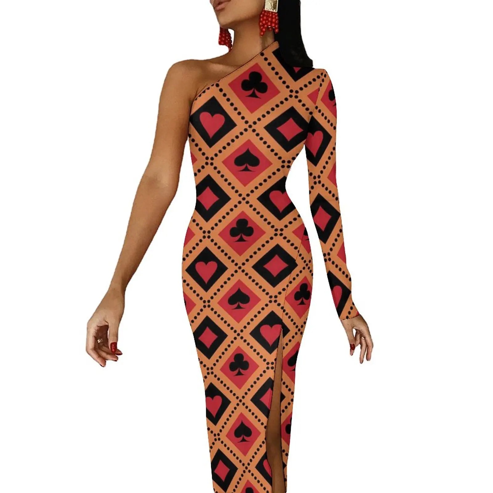 Casino Playing Cards Maxi Dress Long Sleeve Hearts Crosses Print Sexy Bodycon Dress Autumn Party Long Dresses Pattern Clothing