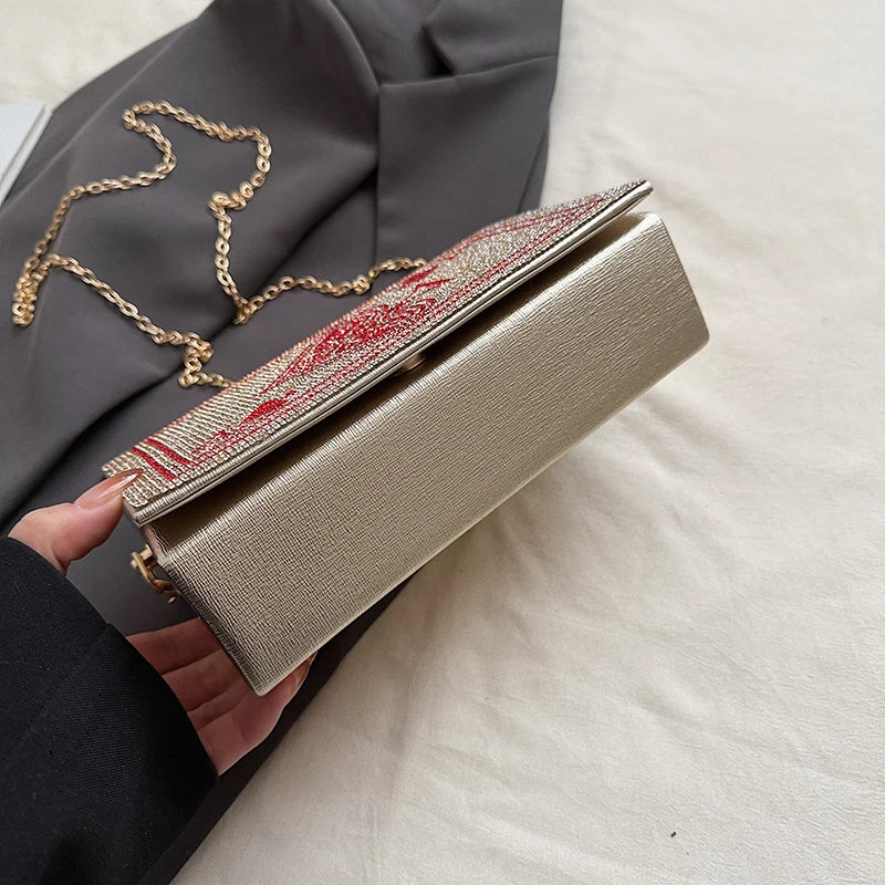 Sac à Main Pochette Femme Strass Poker Cœur — Chaîne Dorée Bandoulière Soirée