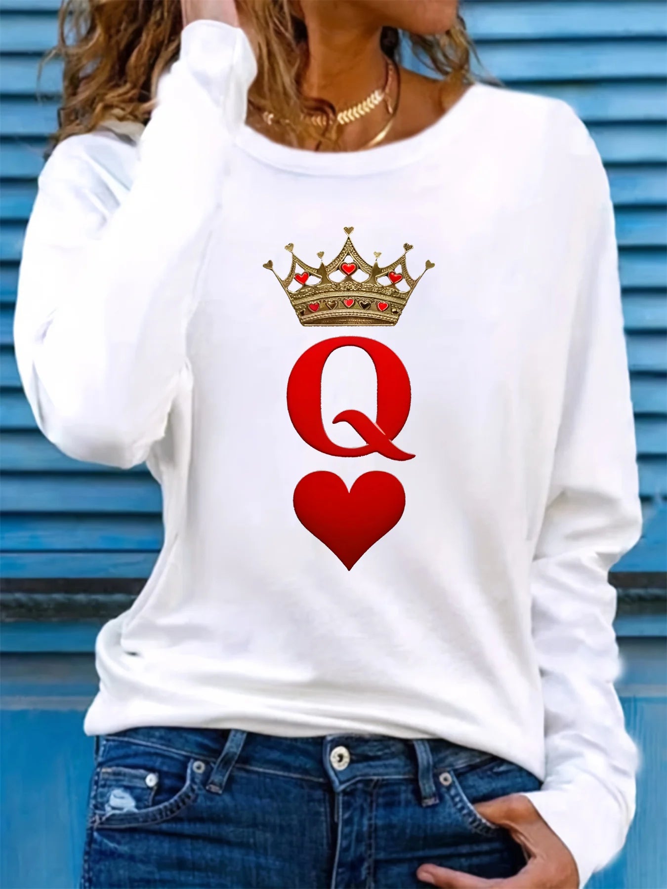 100% pure cotton women's spring and autumn comfortable casual long sleeved poker card Q queen pattern printed round neck T-shirt