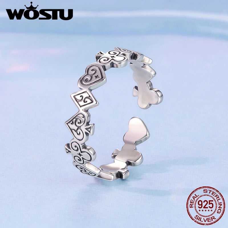 WOSTU Vintage 925 Sterling Silver Poker Card Open bague For Women, Antique Adjustable Stacking Party Rings Fine Gift
