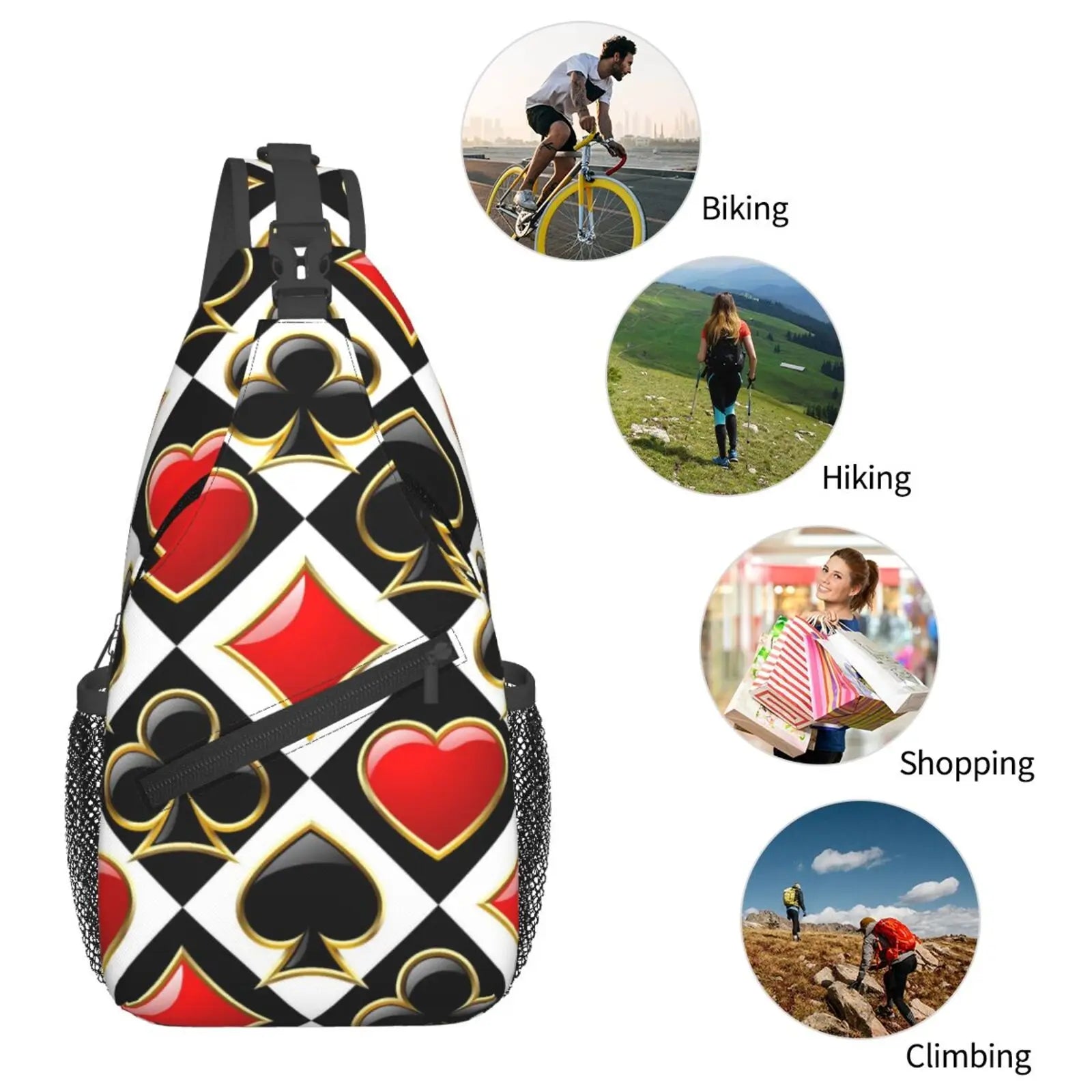 Golden Alice in Wonderland Poker Red Black Print Sling Chest Crossbody Bag Men Casual Shoulder Backpack for Travel Cycling