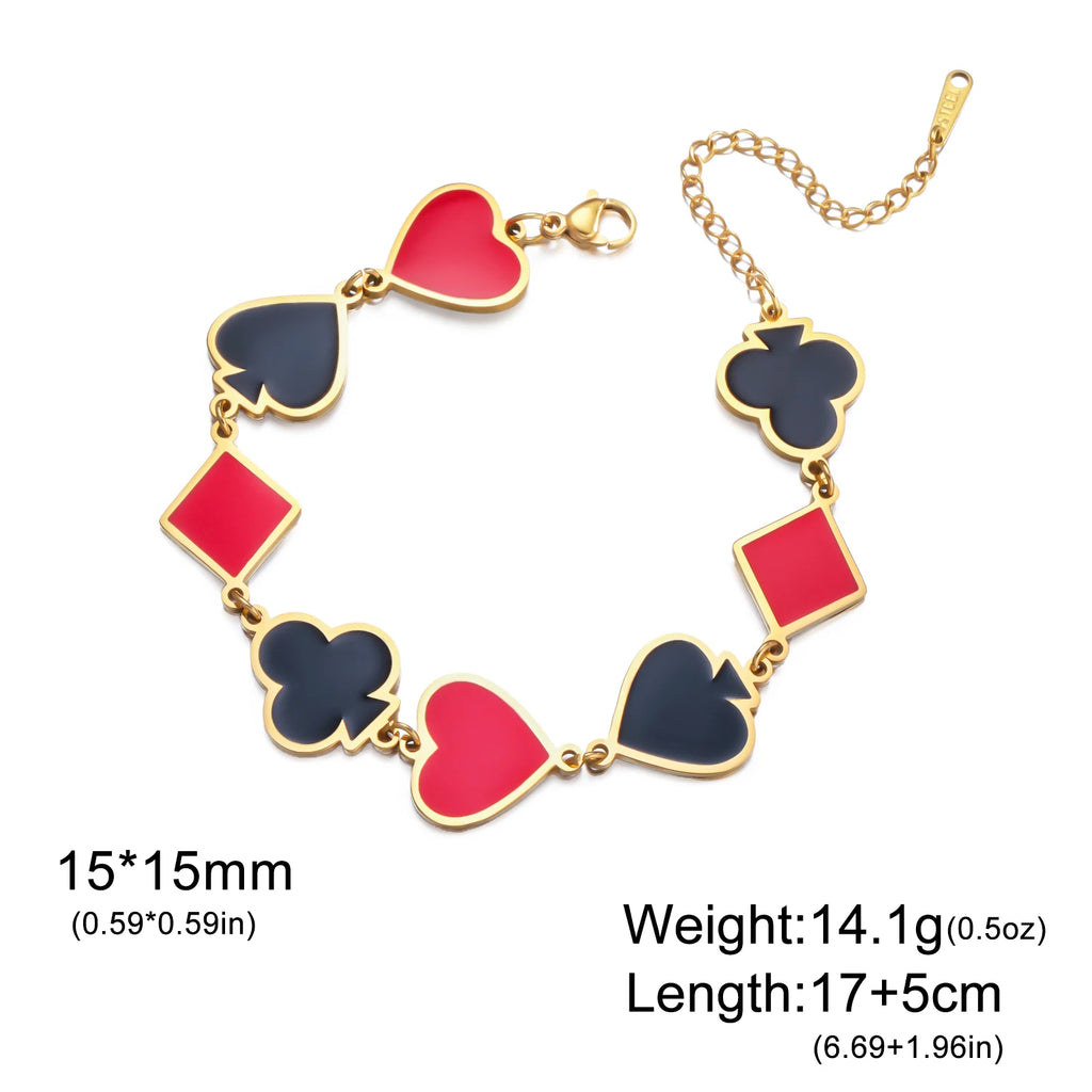 Unift Poker Cards Enamel Bracelet Creative Red Heart Spades Hand Chain Stainless Steel Gold Color Bracelet for Woman Cute Gifts