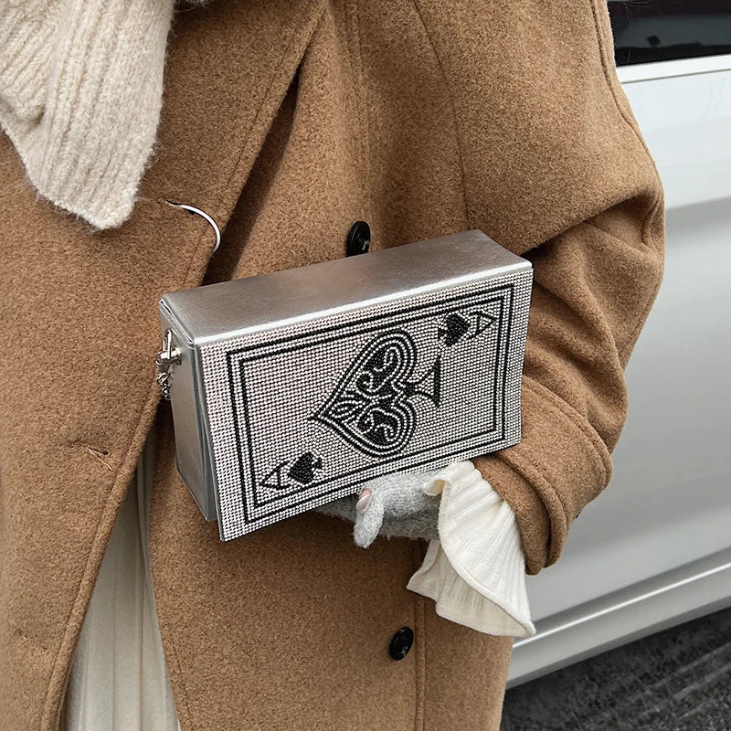 Sac à Main Pochette Femme Strass Poker Cœur — Chaîne Dorée Bandoulière Soirée