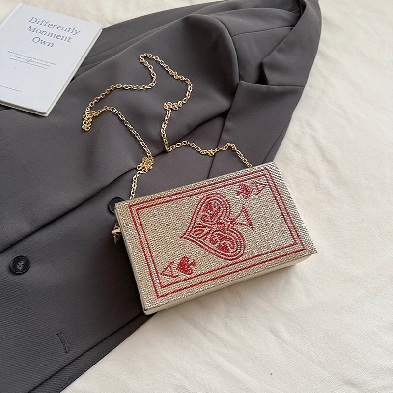 Sac à Main Pochette Femme Strass Poker Cœur — Chaîne Dorée Bandoulière Soirée