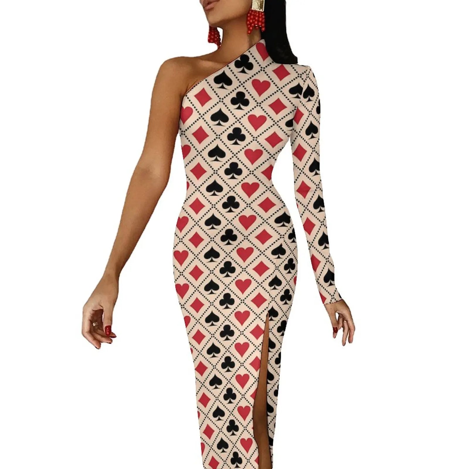 Casino Playing Cards Maxi Dress Long Sleeve Hearts Crosses Print Sexy Bodycon Dress Autumn Party Long Dresses Pattern Clothing