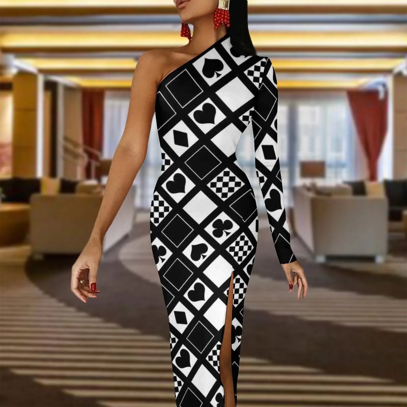Casino Playing Cards Maxi Dress Long Sleeve Hearts Crosses Print Sexy Bodycon Dress Autumn Party Long Dresses Pattern Clothing