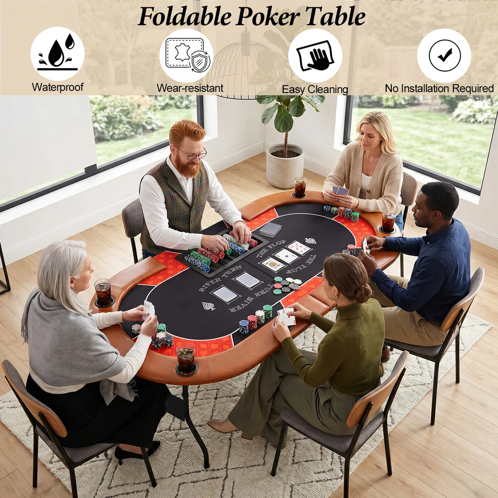 HLC Poker Table 7 Player Foldable Texas Holdem Casino Game Table with Chip Tray, Dealer Spot and Padded Rails for Home Game Room 182×82×71cm