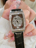 1pc Fashionable & Elegant Precise Barrel Shaped Dial Ladies Watch, Transparent Caseback Diamond Decoration, Rotating Poker Queen