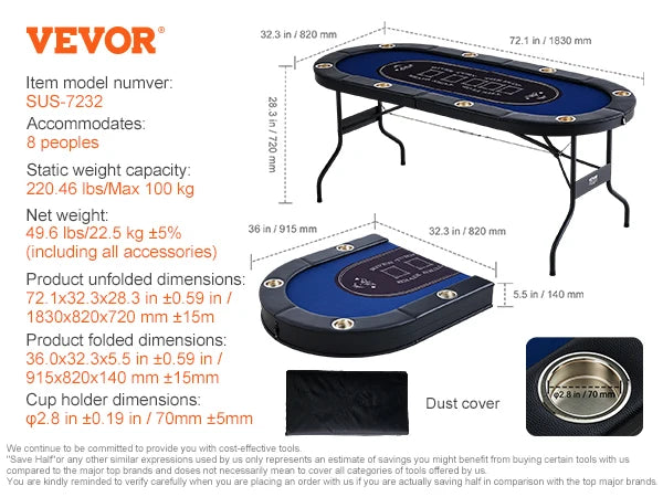 SucceBuy 8 Player Foldable Poker Table Blackjack Texas Holdem with Padded Rails and Stainless Steel Cup Holders Blue