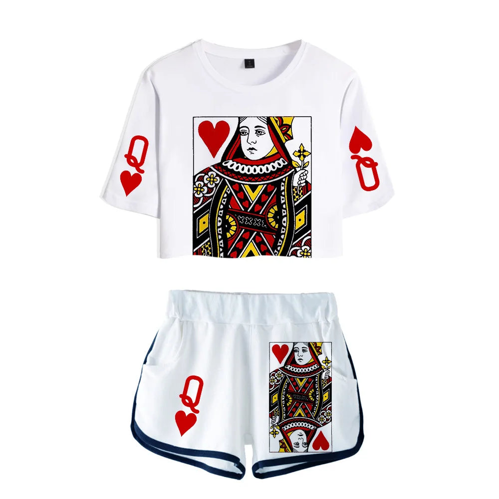 Playing Cards Poker K Q t-shirts shorts girls sexy sport suit tracksuit shirts outfit KING QUEEN two piece set women tops shorts