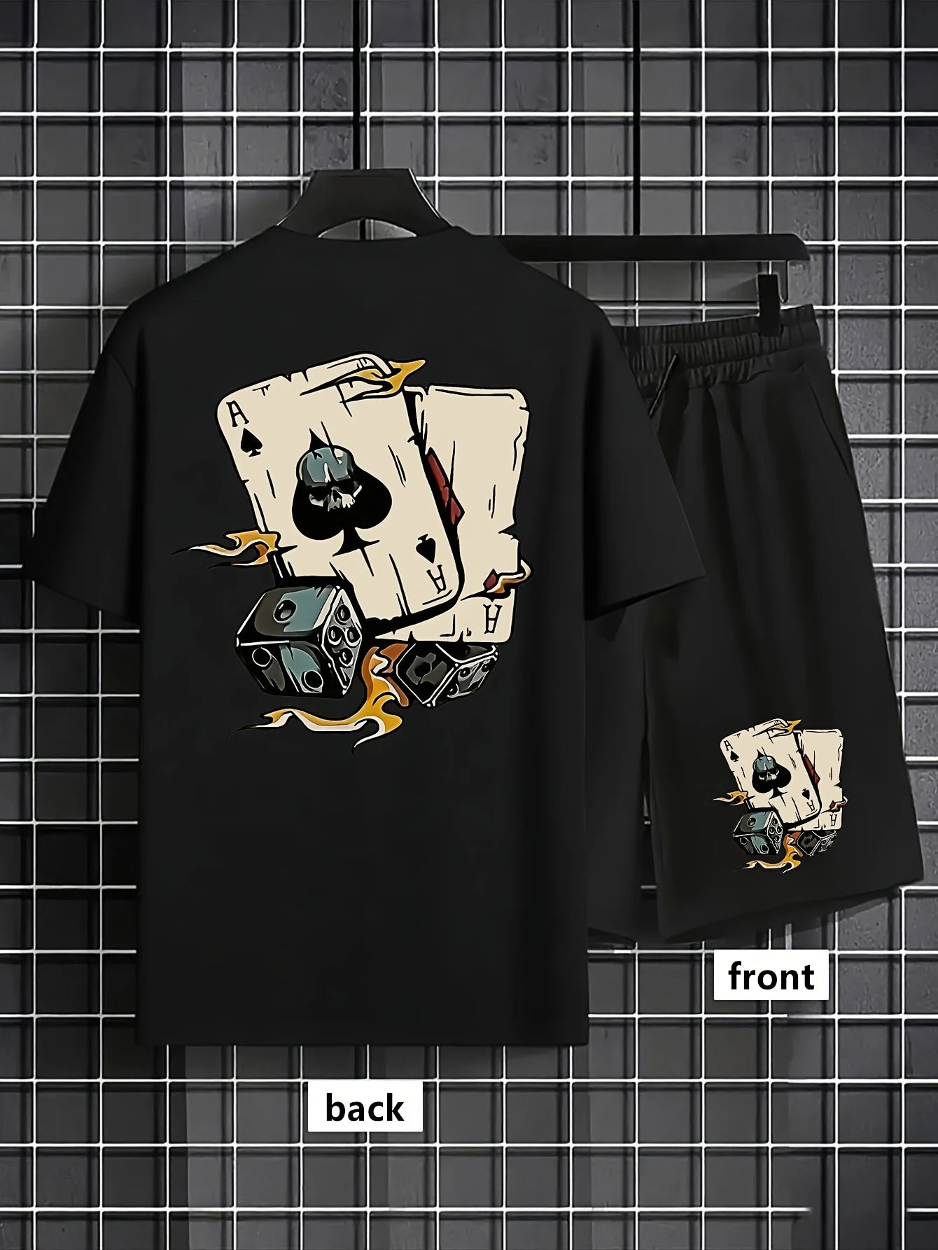 American men's summer fashion poker graffiti print comfortable breathable round neck T-shirt shorts set outdoor streetwear
