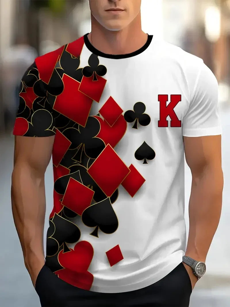 Men's Casual Short-Sleeved T-Shirt, 3D Poker King Pattern Top, Comfortable T-Shirt, Streetwear, New Arrival