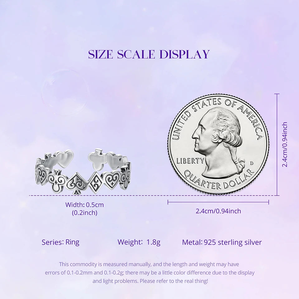 WOSTU Vintage 925 Sterling Silver Poker Card Open bague For Women, Antique Adjustable Stacking Party Rings Fine Gift