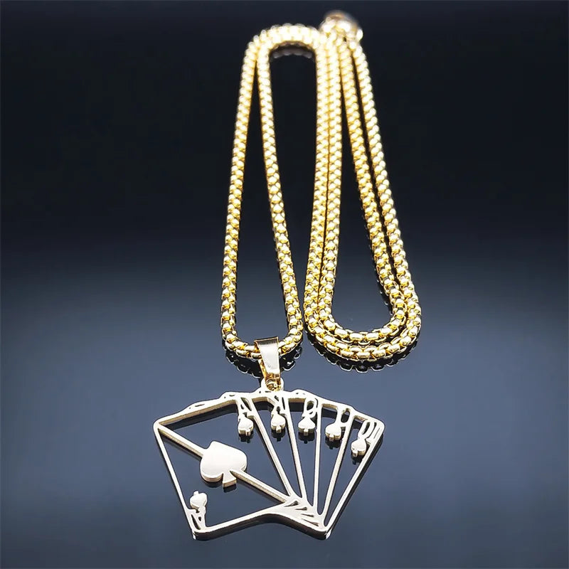 Lucky Ace of Spades Poker 10 J Q K A Necklace Stainless Steel Card Casino Fortune Playing Cards Necklace Jewelry collier6106
