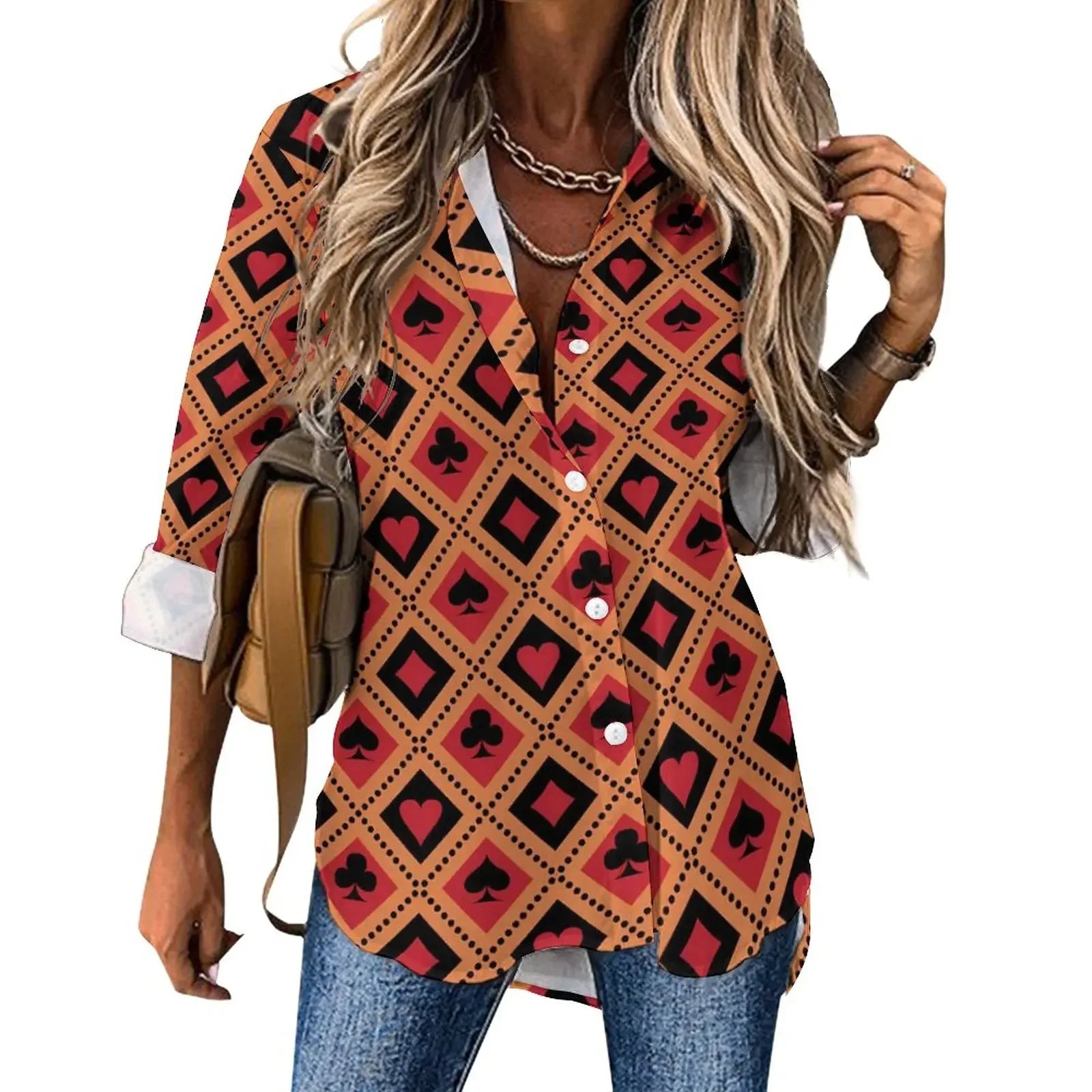 Poker Cards Loose Blouse Playing Cards Street Fashion Spring Autumn Blouses Womens Long-Sleeve Vintage Shirt Spring Graphic Tops