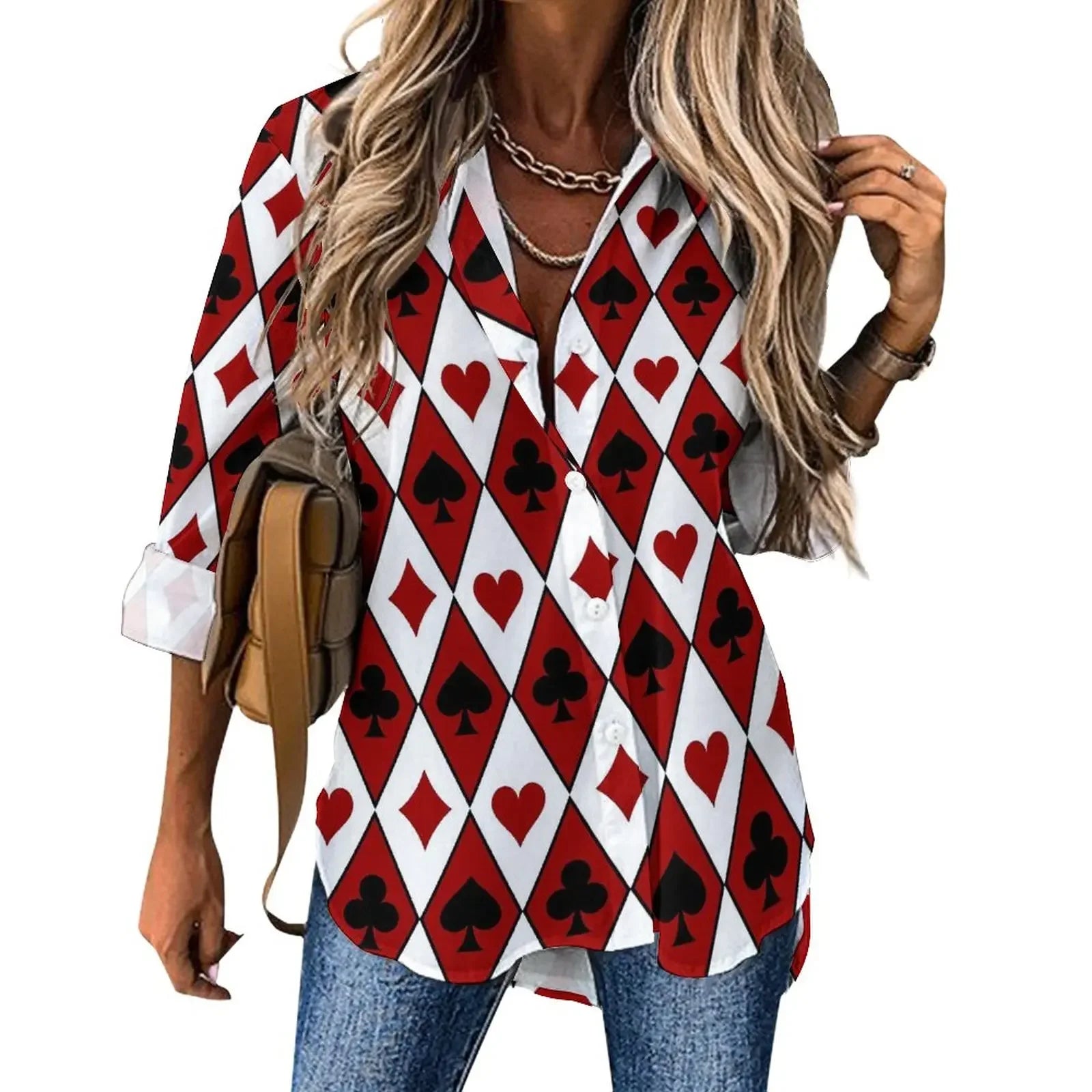 Poker Cards Loose Blouse Playing Cards Street Fashion Spring Autumn Blouses Womens Long-Sleeve Vintage Shirt Spring Graphic Tops