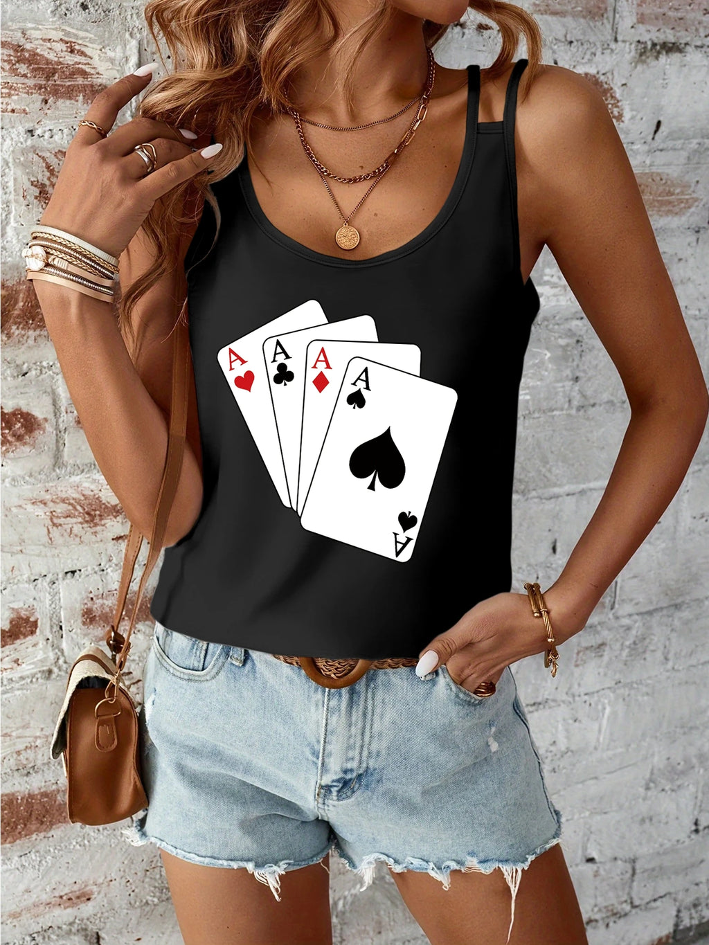 Playing Cards Print Women's Tank Top, Poker Game Themed Sleeveless Cami, Double Straps Loose Fit Blouse for Party & Casual Wear