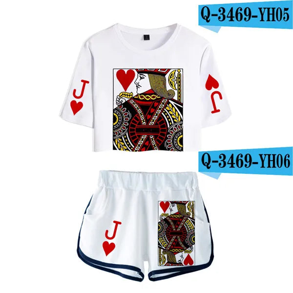 Playing Cards Poker K Q t-shirts shorts girls sexy sport suit tracksuit shirts outfit KING QUEEN two piece set women tops shorts