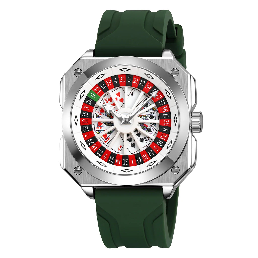SKMEI Men's Unique Square Watch Casino Style Roulette & Poker Dial Black Silicone Strap Quartz Movement 30M Water Resistant 9379
