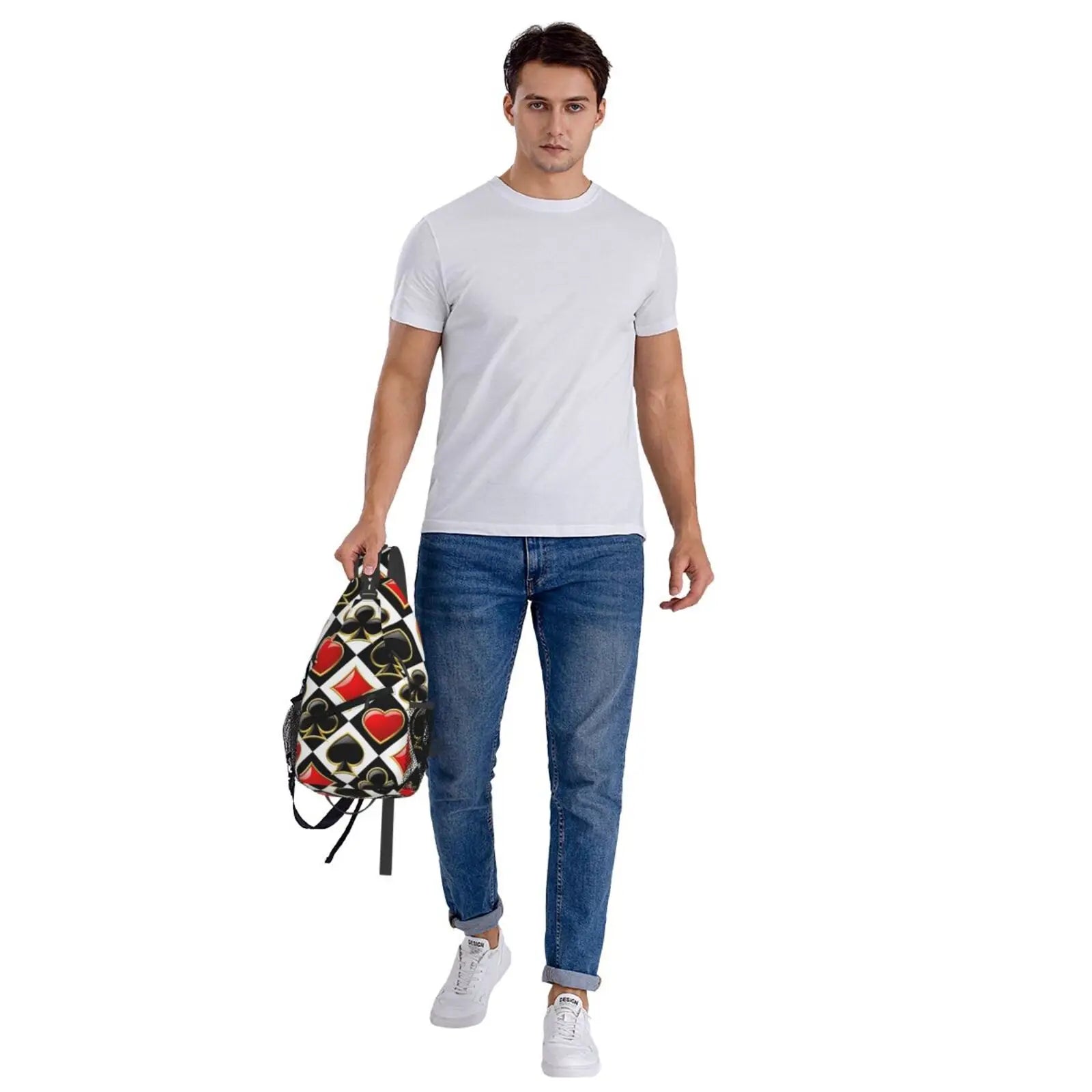Golden Alice in Wonderland Poker Red Black Print Sling Chest Crossbody Bag Men Casual Shoulder Backpack for Travel Cycling