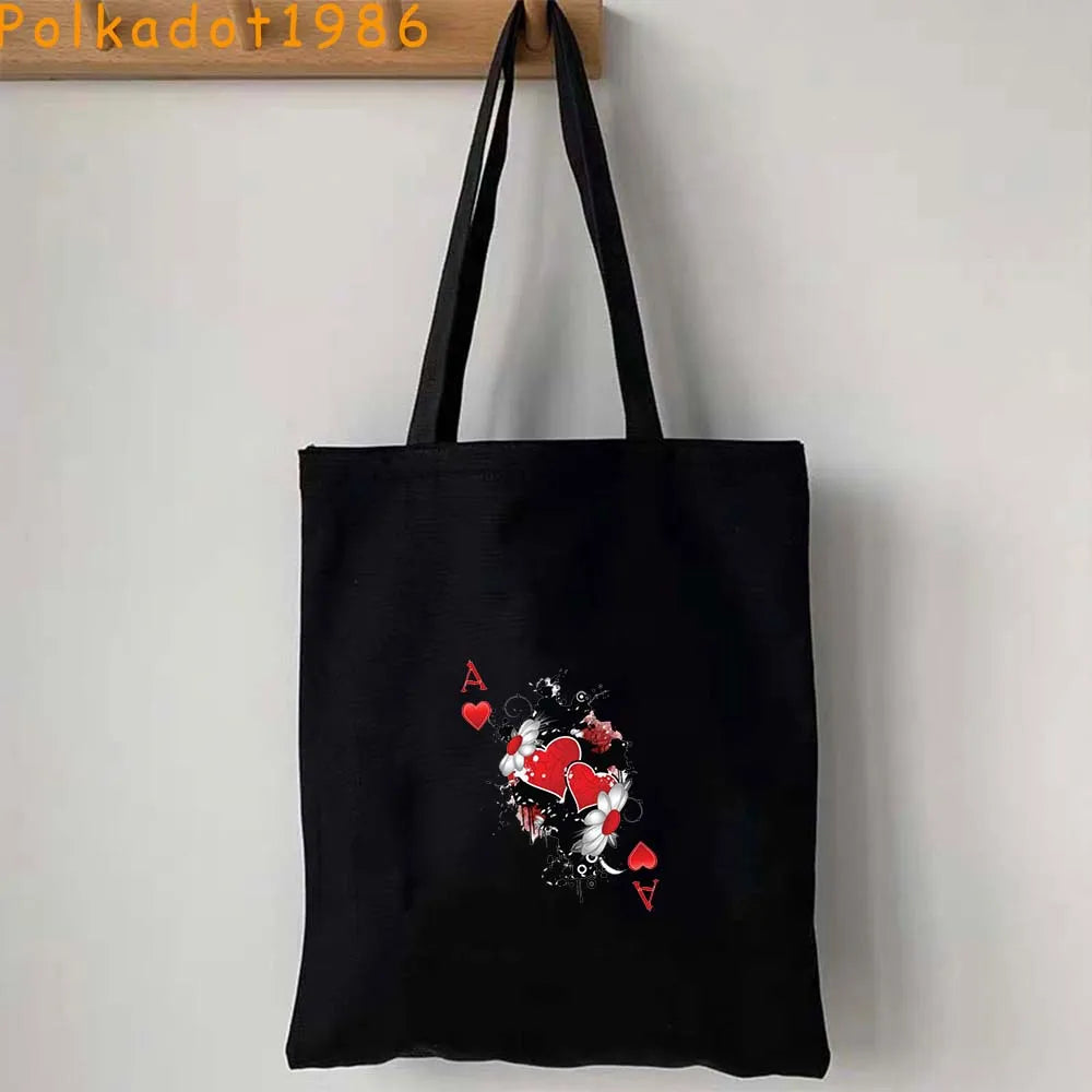 Funny Poker Cartes à Jouer Cute King Queen Jack of Cœur Crowned Toile Tote Sac Pouch Shopper Shoulder Shopping Cotton Sac à Mains