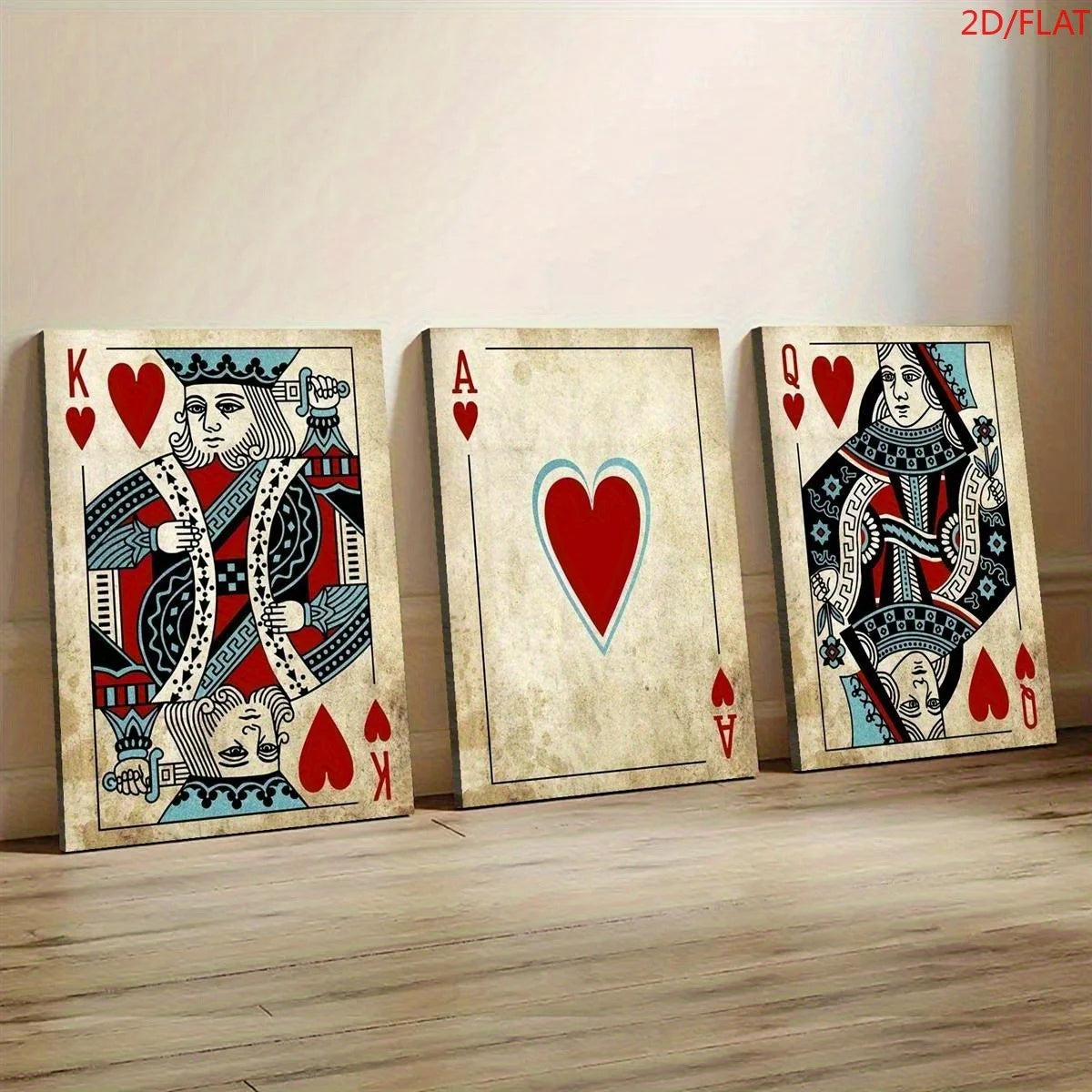 2D Flat, 3pcs Retro Poker Toile Art Impressions - King, As of Pique & Queen of Cœur avec Intricate Designs, Suitable pour Offi