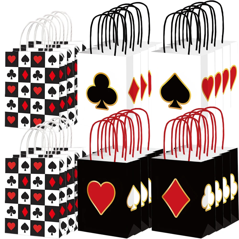6/12/24/32pcs Casino Theme Favor Sacs avec Hand-Held Las Vegas Fête Candy Cadeau Sacs Casino Poker Fête Accessoires 6.3×3.15×8.27in