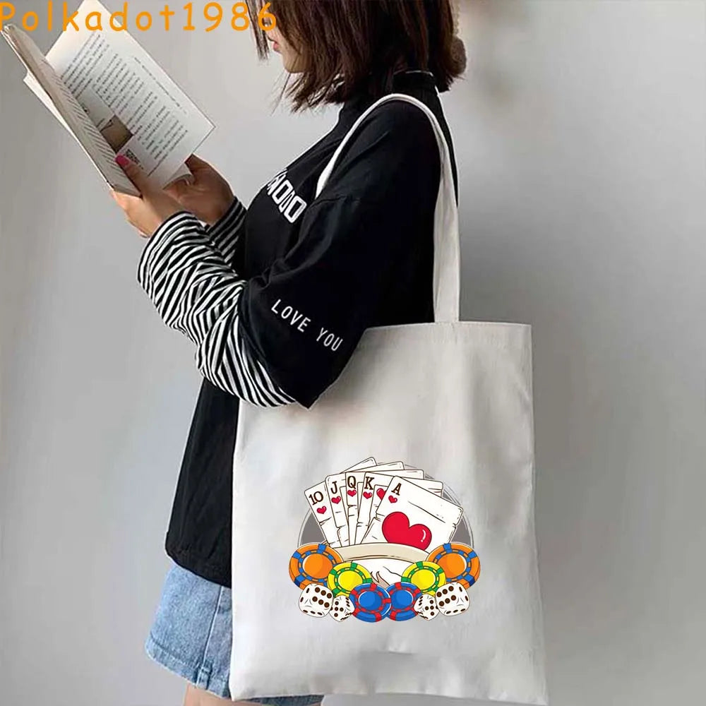 Funny Poker Cartes à Jouer Cute King Queen Jack of Cœur Crowned Toile Tote Sac Pouch Shopper Shoulder Shopping Cotton Sac à Mains
