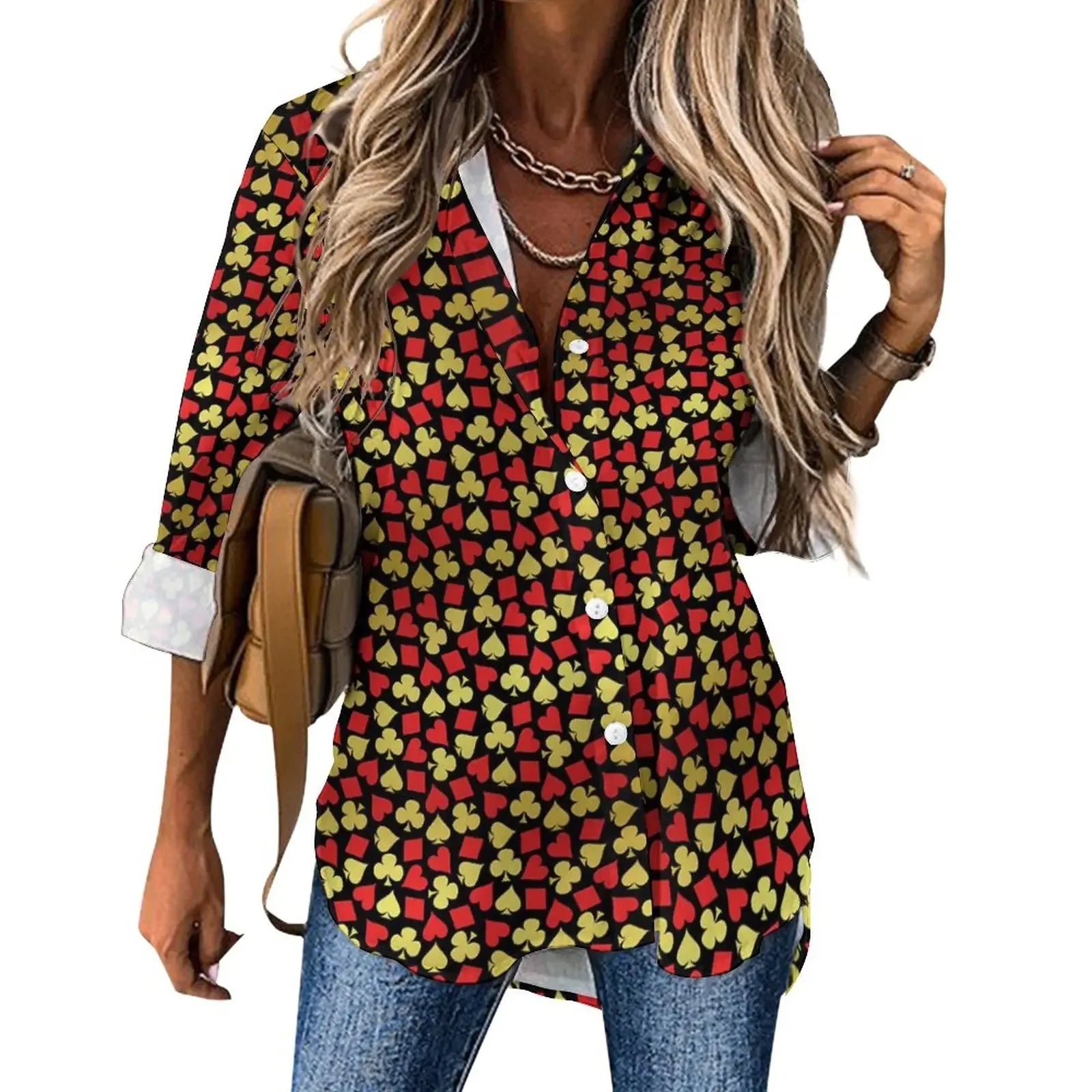 Poker Cards Loose Blouse Playing Cards Street Fashion Spring Autumn Blouses Womens Long-Sleeve Vintage Shirt Spring Graphic Tops