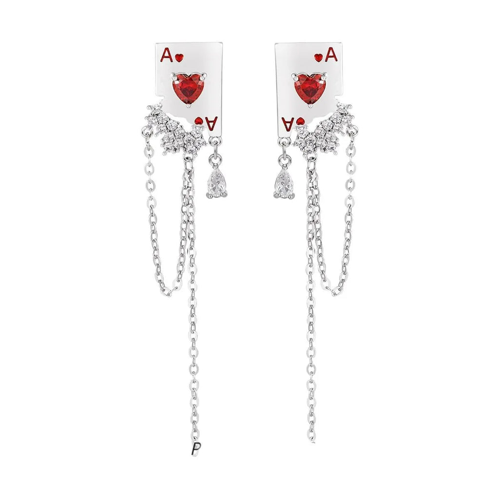 Poker tassels Earrings for Female Red Peach A Pendants Earring Rhinestones Ear Studs Fashion Stud Earrings Girl Jewelry Gift
